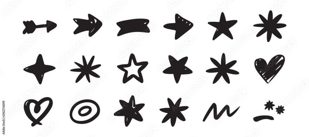 Fototapeta premium Scribble ink icons with arrows stars and hearts isolated on transparent background black hand drawn set art.