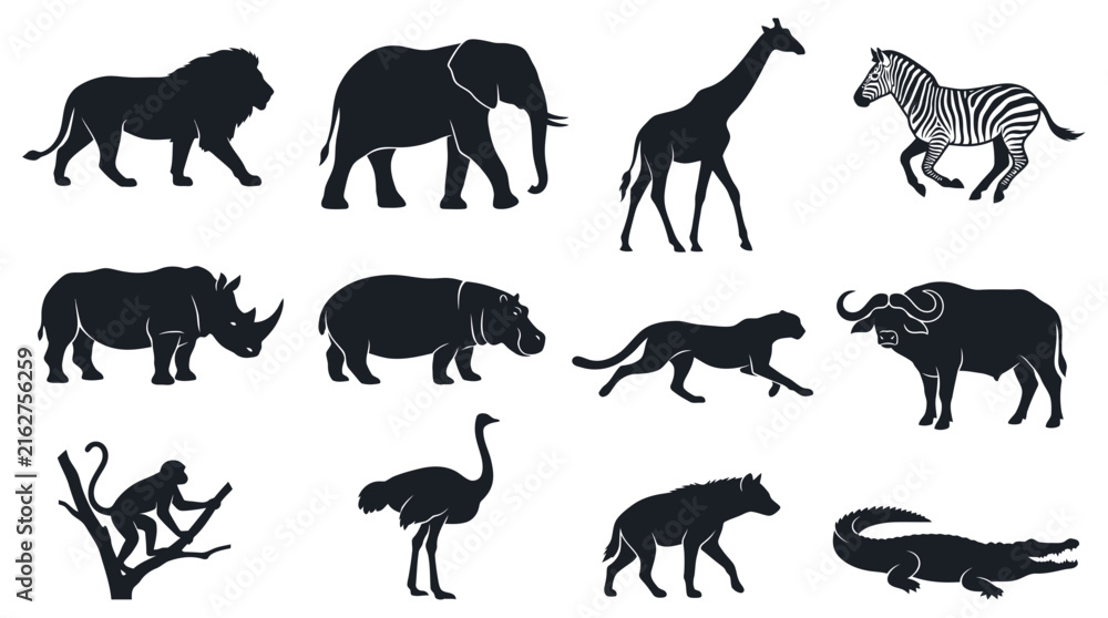 Fototapeta premium African wild animals depicted as black flat silhouettes isolated on a plain clean white background set
