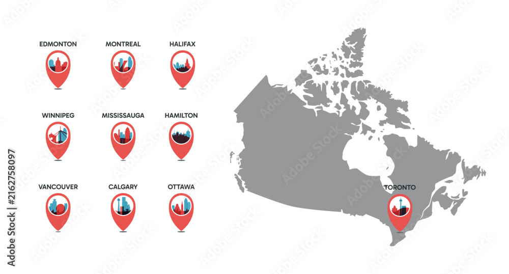 Fototapeta premium Canada map constructor set with city location pins for Edmonton, Montreal, Hamilton, Toronto, Vancouver, Ottawa, Calgary and more. Vector travel infographics design bundle