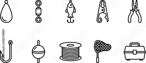 Photography Fishing gear vector icon set with line art elements of hook lure rod line bait t