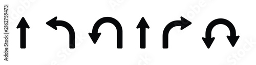 Direction icon set illustrating U turn, straight ahead, one way, left, and right arrows for navigation and roadway signs