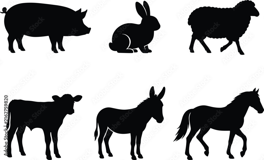 Obraz premium Farm animal silhouettes illustration featuring pig, rabbit, sheep, calf, donkey, and horse for agricultural, educational, and livestock design purposes