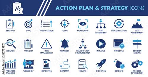 Action Plan and Strategy Icon Set. Collection of Goal, Roadmap, Planning, Workflow, Decision Making, Task Management, Process Optimization and More Icons. Editable Vector Illustration.