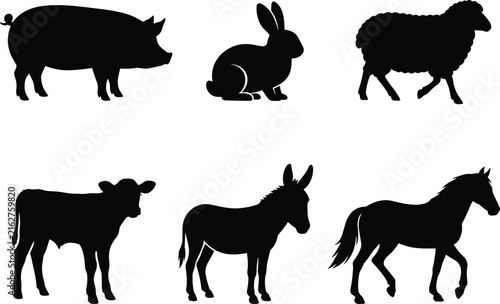 Farm animal silhouettes illustration featuring pig, rabbit, sheep, calf, donkey, and horse for agricultural, educational, and livestock design purposes