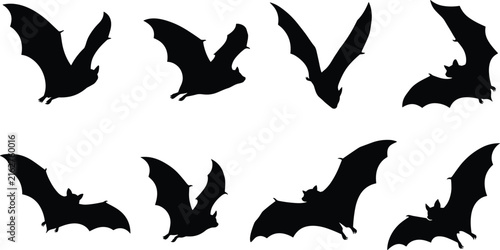 Flying Bat Silhouettes in Various Wing Positions for Halloween, Wildlife and Creative Design Projects