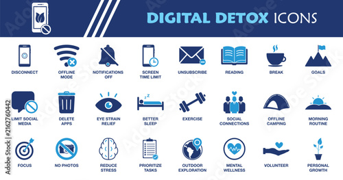 Digital Detox Icon Set. Collection of Screen Time Limit, Offline Mode, Notification Off, Better Sleep, Mental Wellness, Personal Growth and More Icons. Editable Vector Illustration.