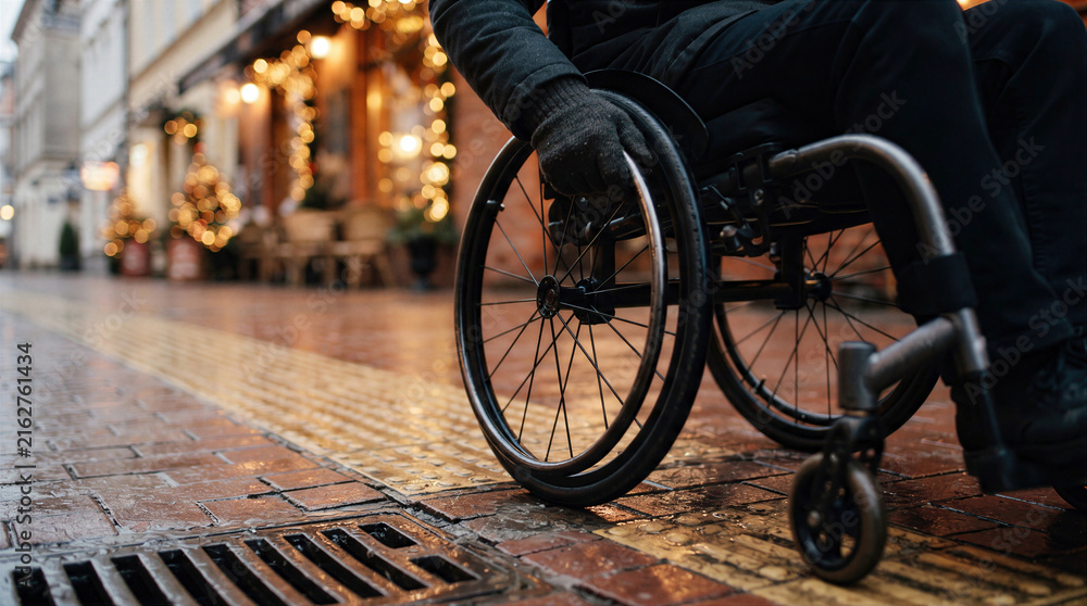 Obraz premium Wheelchair User Navigating Rainy City Street with Confidence and Independent Mobility