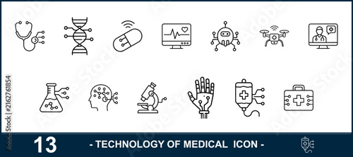 Modern medical technology icons, 13 healthcare microscope, stethoscope, capsule, telemetry,innovation line  symbols, futuristic digital medicine vector set for biotech ,Clean grouped each vector icon.