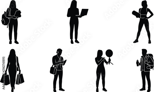 People silhouettes illustration featuring students, workers, shoppers, travelers, and content creators with books, laptops, bags, and cameras