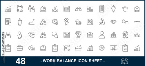 Minimalist work balance icon sheet, 48 professional business line icons. Corporate lifestyle and productivity strategy, success, office, vector set for web design. ,Clean grouped each vector icon.