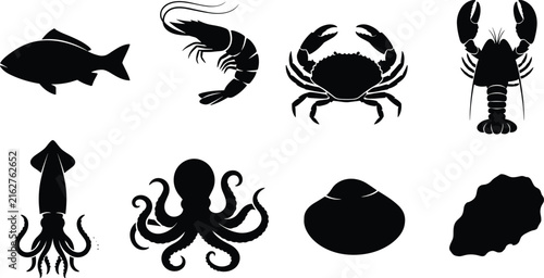 Sea creature silhouettes illustration featuring fish, shrimp, crab, lobster, squid, octopus, clam, and oyster for marine and educational design use