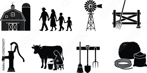 Set of black farming life vector silhouettes including barn, family, windmill, cow milking, and agricultural tools