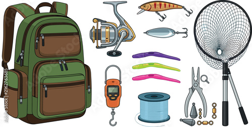 Photography Fishing Tackle and Gear Equipment Set with Backpack, Reel, Lures, Net, and Scale