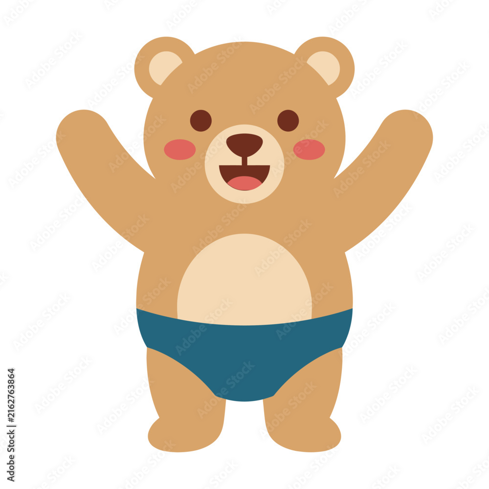 Fototapeta premium Cute brown bear in blue underwear standing with arms raised happily