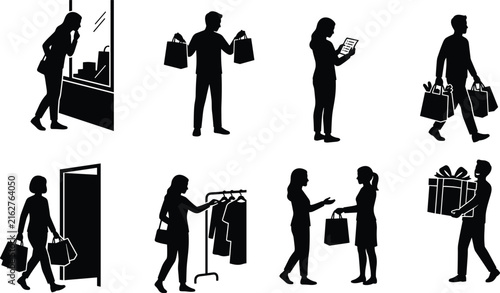 Set of black silhouettes of people shopping, carrying bags, browsing clothing, and holding gifts on white background