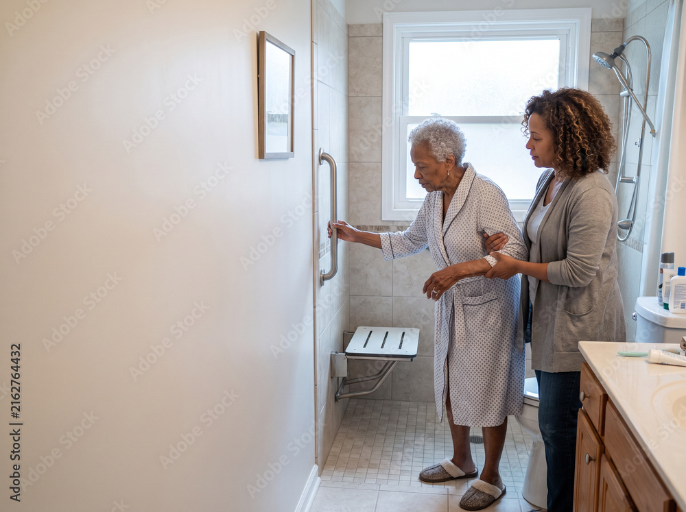 Fototapeta premium Daughter Helping Elderly Mother With Bathing Safety