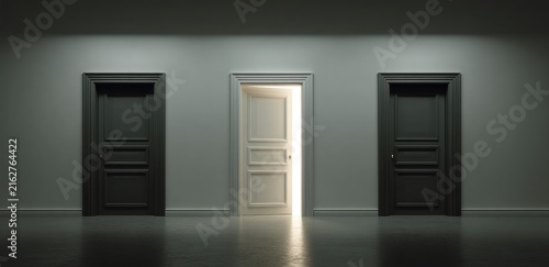 Three closed doors, two dark, one open with light emanating from within, symbolize choice and opportunity in an ambiguous setting
