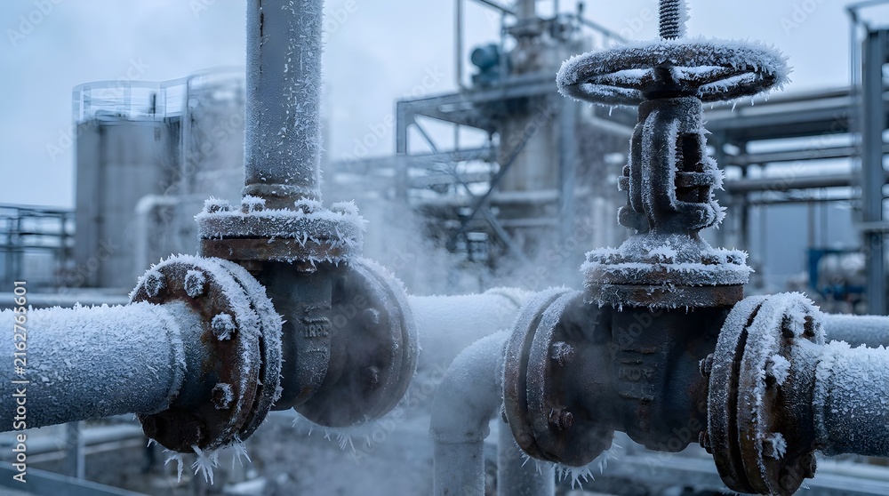 Naklejka premium Ice-encrusted industrial metal valves and pipes with steam in a frozen chemical plant facility