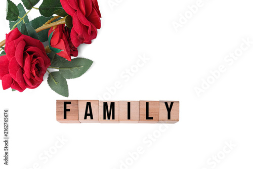FAMILY word written on wooden cube blocks with artificial red roses isolated on white