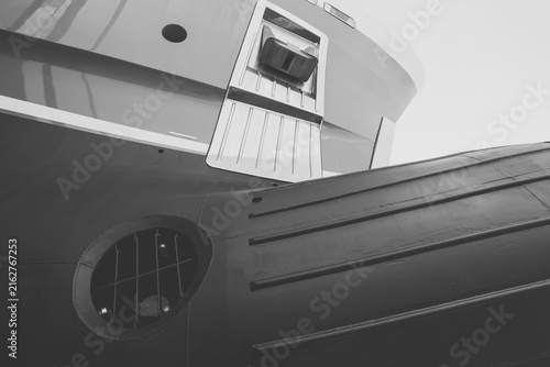 фотографія Close up detail of the bulbous bow, anchor pocket and bow thruster of a superyac