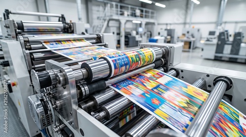 In a production facility, a printing press runs and produces colorful printed sheets. Machines work together to print various designs on paper rolls