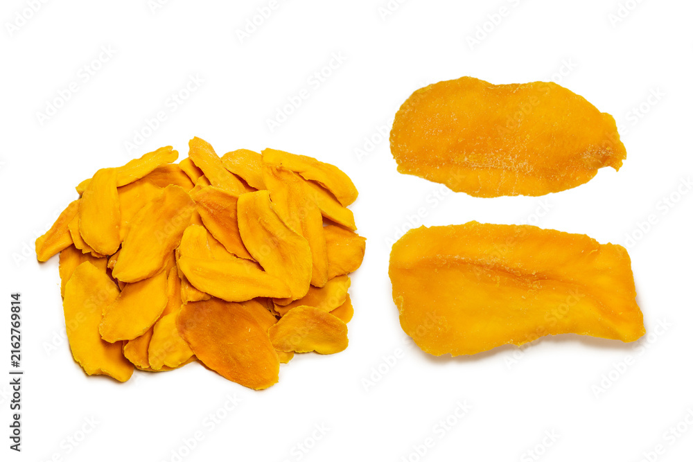 Naklejka premium Dry tasty mango slices isolated on a white background.