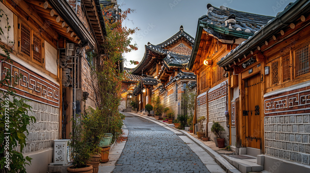 Fototapeta premium Bukchon Hanok Village with traditional Korean houses, cobblestone alleys, soft morning light, authentic Korean heritage, ultra realistic, HDR, 8K, no people