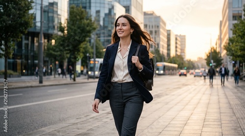 A young professional walking alone on a modern avenue on her way to work.