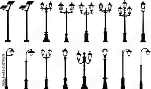 Comprehensive set of diverse street lamp and lamppost silhouettes, isolated on a white background, featuring solar-powered lights, ornate posts, and modern fixtures for urban and