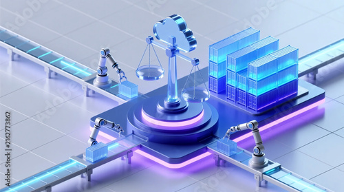Isometric 3D illustration of robotic arms redistributing cargo loads at central glass balancing hub for futuristic global supply chain resilience concept