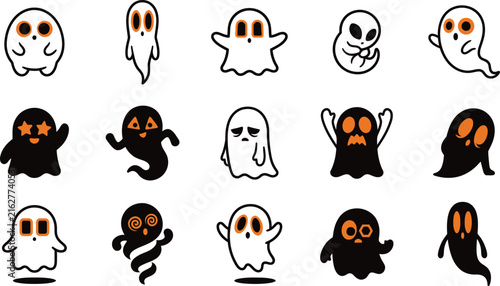 Set of cute hand drawn ghost characters for hlloween party decorations and spooky festive graphic design projects