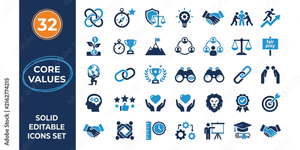 Fototapeta premium Core Values and Corporate Ethics Solid Vector Icons Set for Business Mission, Integrity, Leadership, and Company Principles