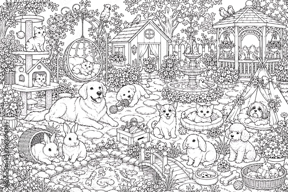 Fototapeta premium whimsical pet garden, pet paradise, cute pets, animal garden, playful animals, fantasy garden, magical garden, pet lovers, adorable animals, charming garden, colorful flowers, enchanted garden, happy 
