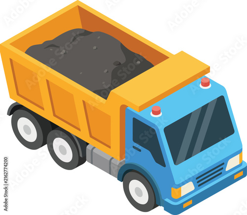 Blue and yellow dump truck loaded with dark grey on white background