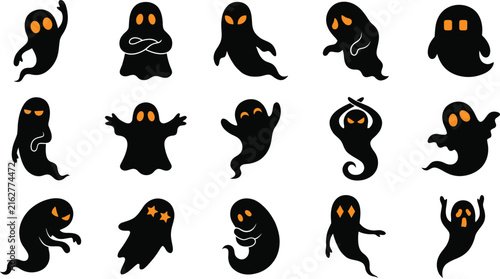 Set of cute black ghost stickers with glowing eyes for your fun hlloween party decorations and spooky designs