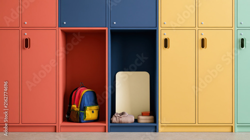 Blank school milestone sign mockup in colorful kindergarten locker room with backpack and folded clothes