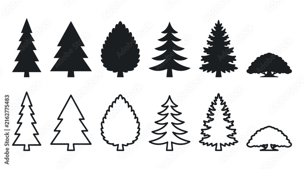 Obraz premium A collection of six distinct tree silhouettes, each shown in a solid black style and a corresponding outlined stroke style