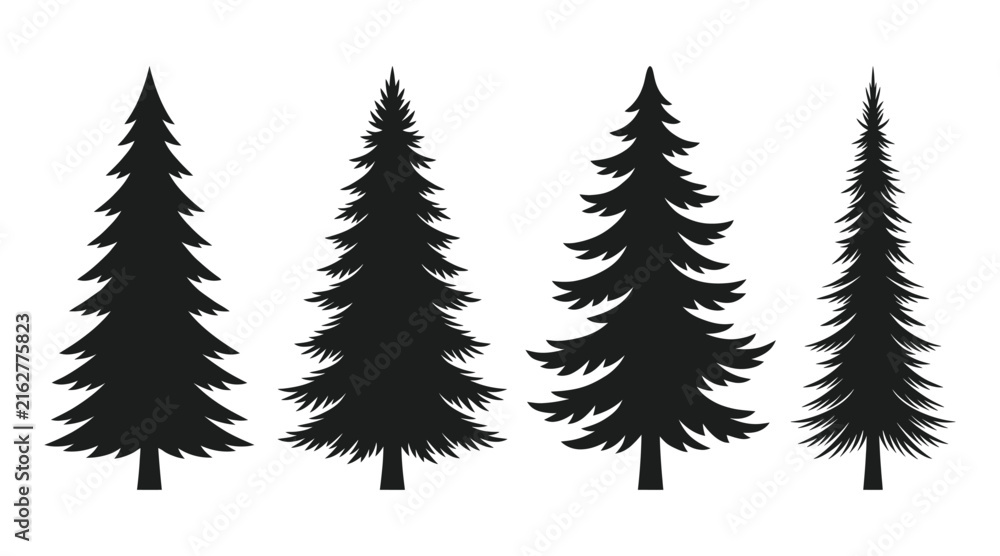 Obraz premium Four black silhouettes of coniferous pine trees with different shapes