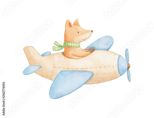 Cartoon pilot fox character in aeroplane. Watercolor baby mascot for children illustrations, playful journey designs, or vintage-style nursery artwork.