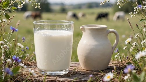 Fresh milk in glass and pitcher on wooden stump in rural meadow with grazing cows