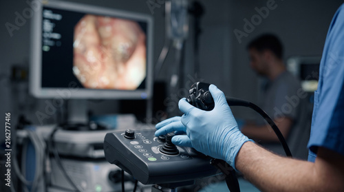 Clinician viewing an endoscopy monitor with gloved hands in a dim suite