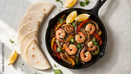 Shrimp fajitas in a cast iron skillet with flour tortillas for a Mexican dinner meal.