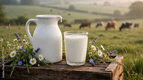 Fresh milk in a glass and pitcher on a wooden crate in a rural farm pasture at sunrise.