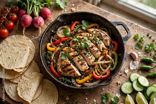 Grilled chicken fajitas in a cast iron skillet with fresh tortillas and vegetables