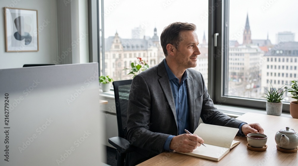 Fototapeta premium Businessman Writing in Notebook at Office Desk with City View