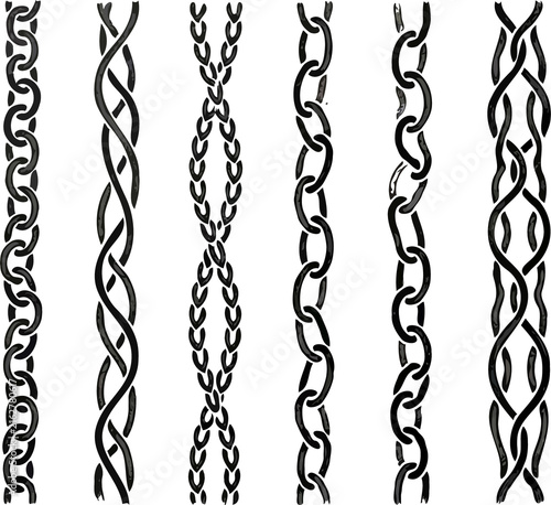 Set of silhouettes braids borders. Twisted Rope Decorative Elements. Barbed Wire black and white illustration. Barbwire hand drawn doodle. Intertwined Chain Link, Thorn, Spiral motifs Scribble Line. 