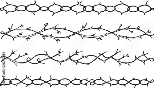 Set of silhouettes braids borders. Twisted Rope Decorative Elements. Barbed Wire black and white illustration. Barbwire hand drawn doodle. Intertwined Chain Link, Thorn, Spiral motifs Scribble Line. 