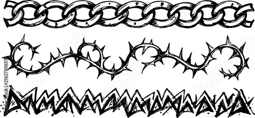 Set of silhouettes braids borders. Twisted Rope Decorative Elements. Barbed Wire black and white illustration. Barbwire hand drawn doodle. Intertwined Chain Link, Thorn, Spiral motifs Scribble Line. 