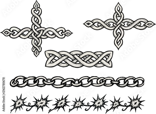 Set of silhouettes braids borders. Twisted Rope Decorative Elements. Barbed Wire black and white illustration. Barbwire hand drawn doodle. Intertwined Chain Link, Thorn, Spiral motifs Scribble Line. 