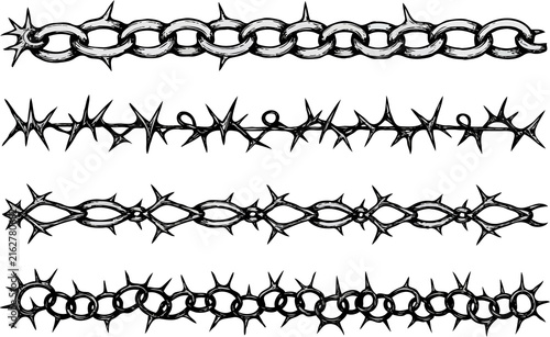 Set of silhouettes braids borders. Twisted Rope Decorative Elements. Barbed Wire black and white illustration. Barbwire hand drawn doodle. Intertwined Chain Link, Thorn, Spiral motifs Scribble Line. 